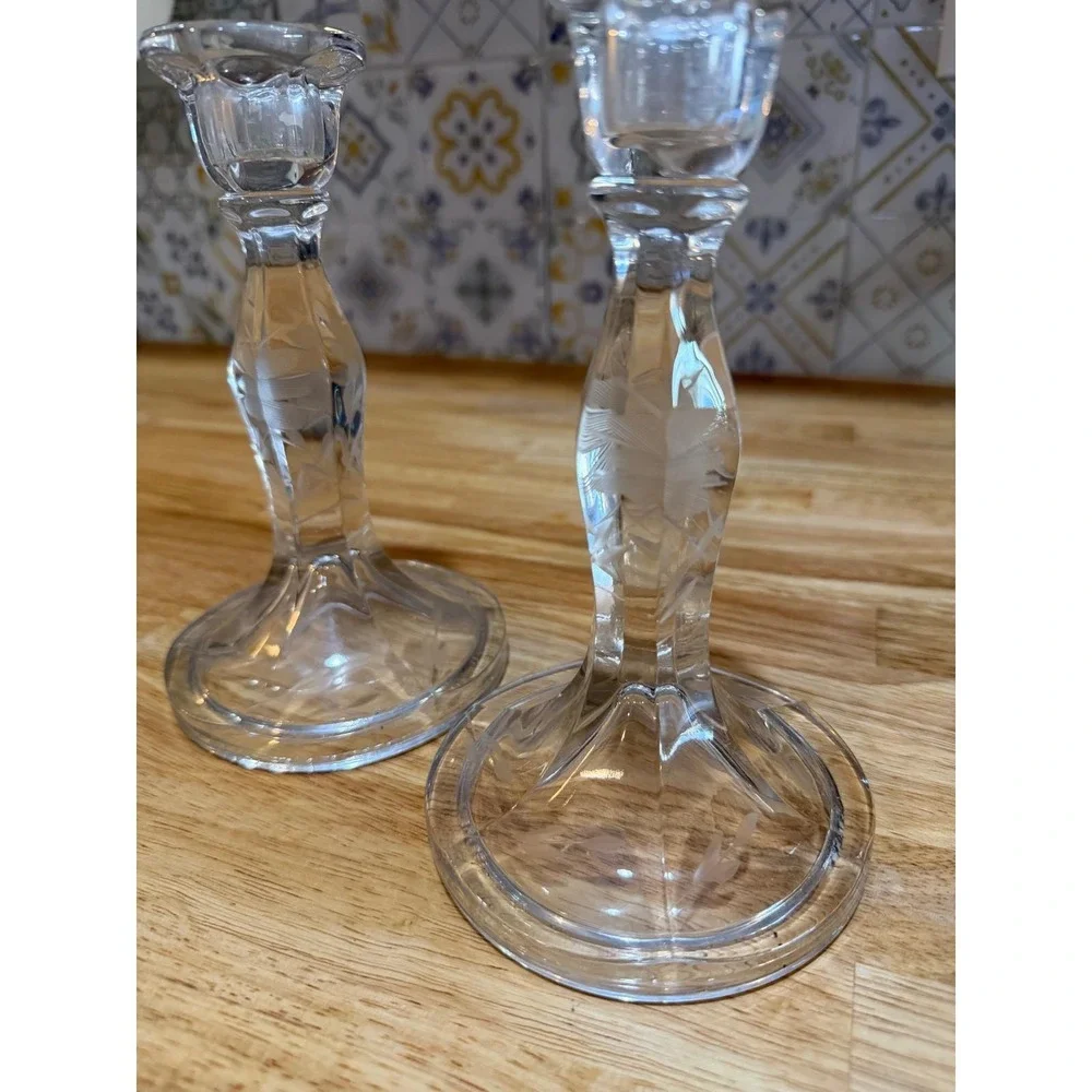 Vintage Etched Crystal Glass Candlestick Holders Pair Floral Wheat Pattern 7in